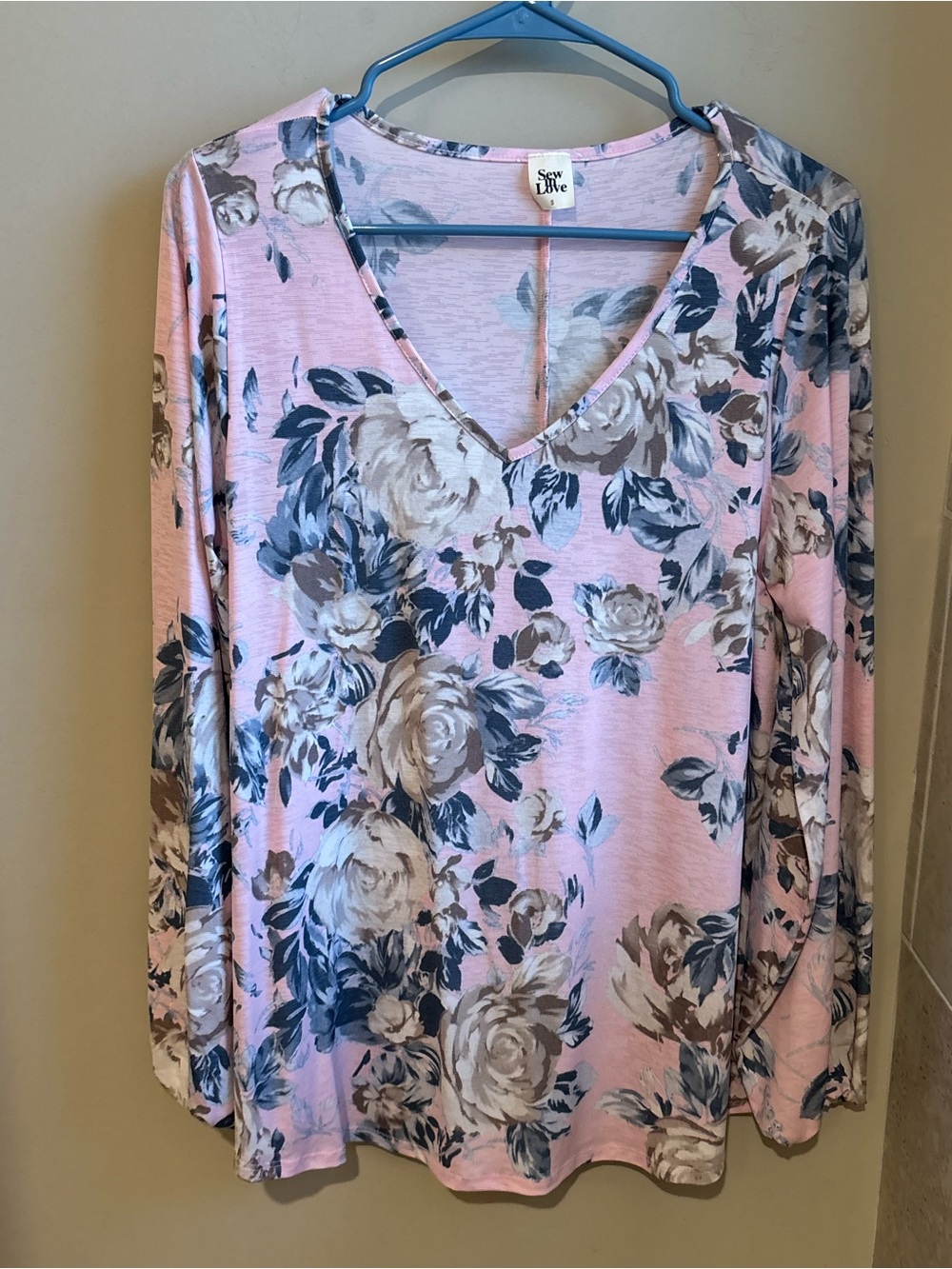 Sew In Love Pink Floral V-Neck Long Sleeve Tee with Gray and Cream Blooms
